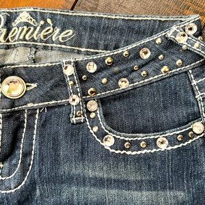 Skinny Jean, dark wash, rhinestones for bling, long n lean, low rise.